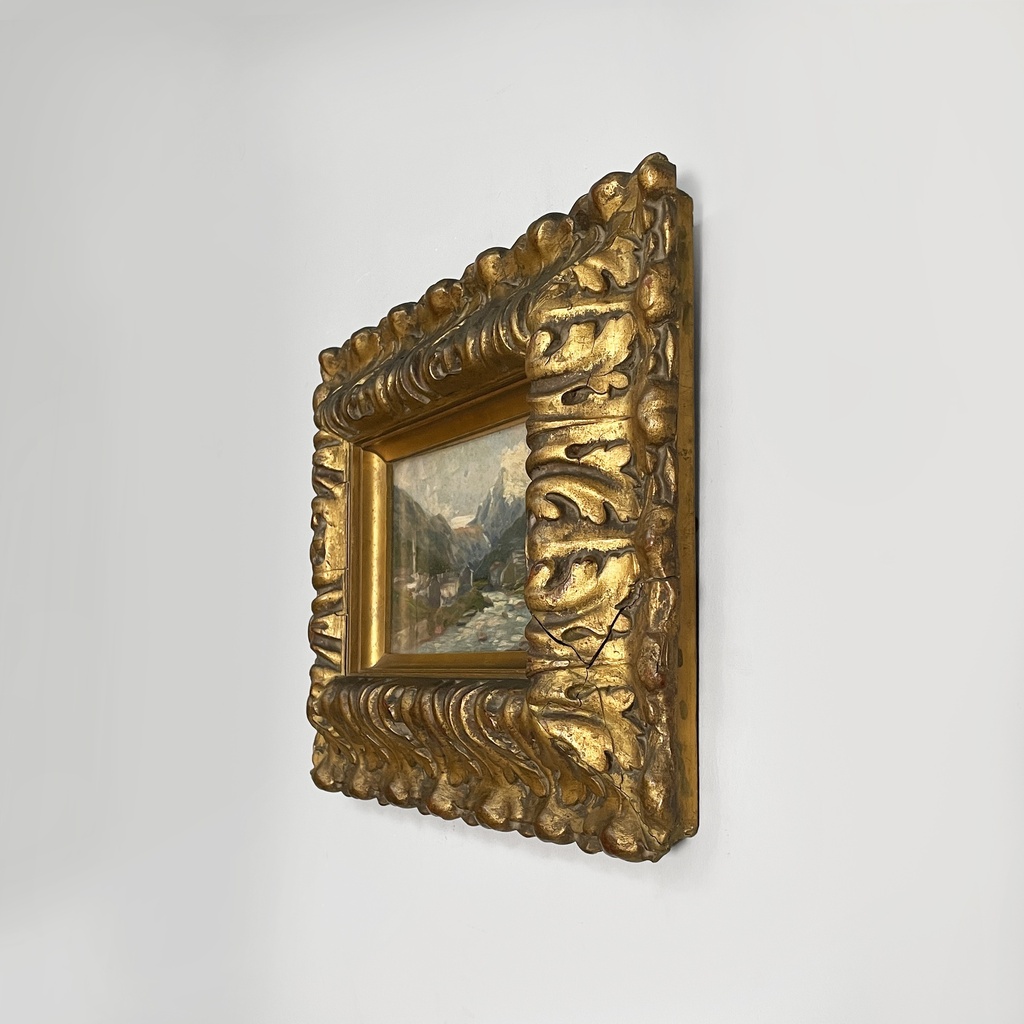 Quadro ad olio con cornice in pastiglia dorata, 1950 ca.