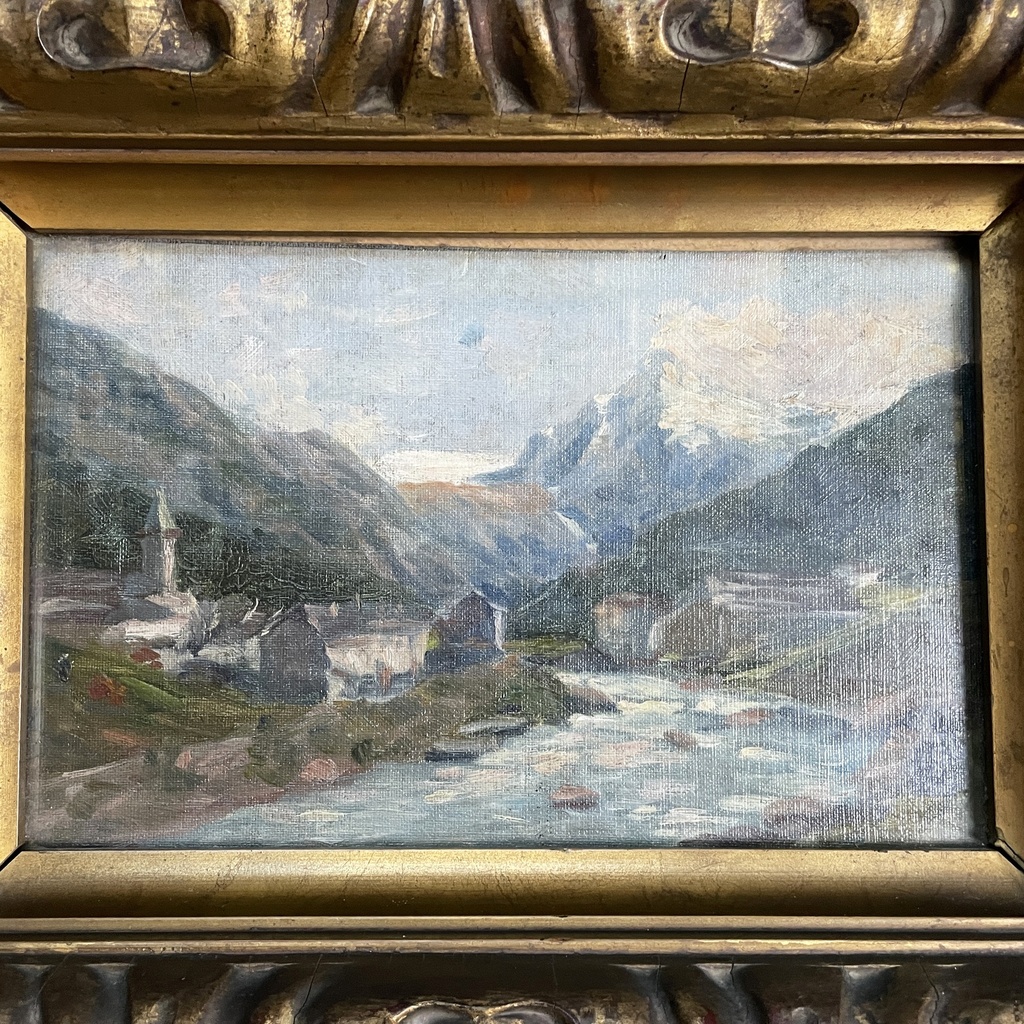 Quadro ad olio con cornice in pastiglia dorata, 1950 ca.