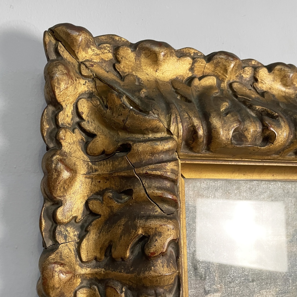 Quadro ad olio con cornice in pastiglia dorata, 1950 ca.