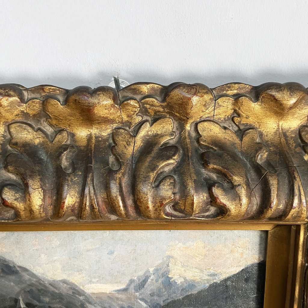 Quadro ad olio con cornice in pastiglia dorata, 1950 ca.