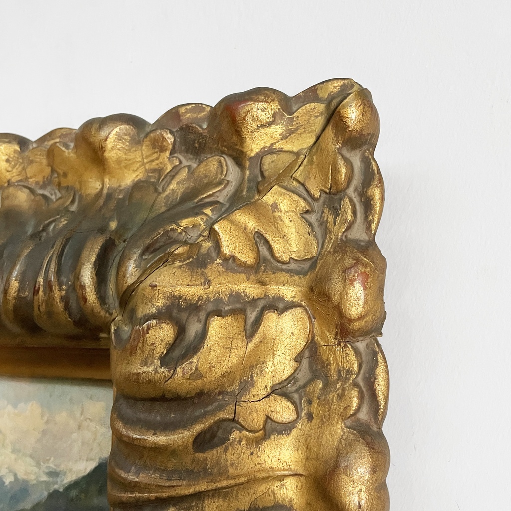 Quadro ad olio con cornice in pastiglia dorata, 1950 ca.