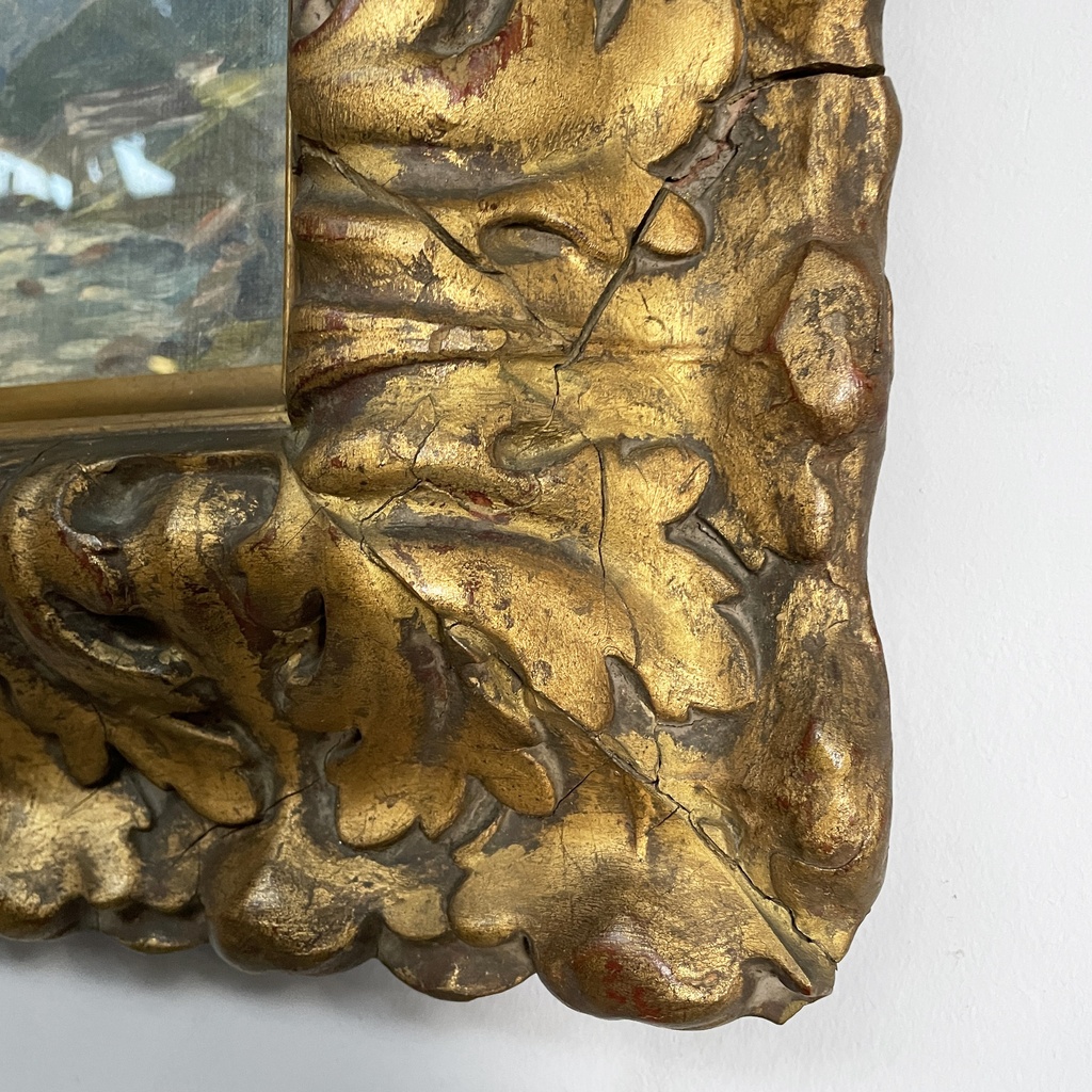 Quadro ad olio con cornice in pastiglia dorata, 1950 ca.