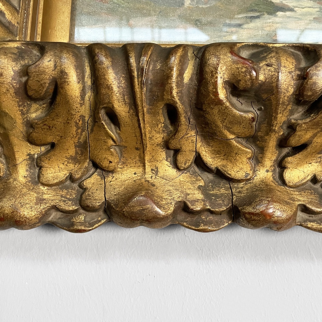 Quadro ad olio con cornice in pastiglia dorata, 1950 ca.