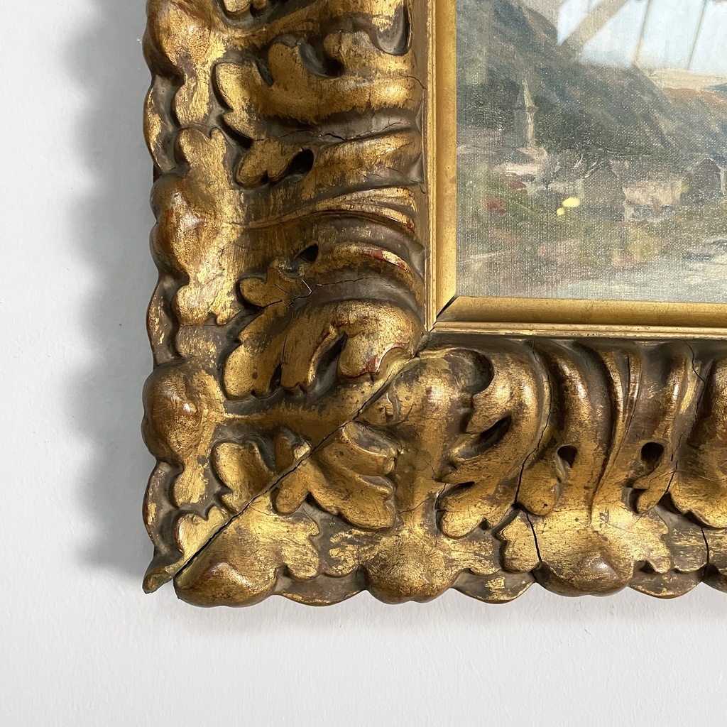 Quadro ad olio con cornice in pastiglia dorata, 1950 ca.