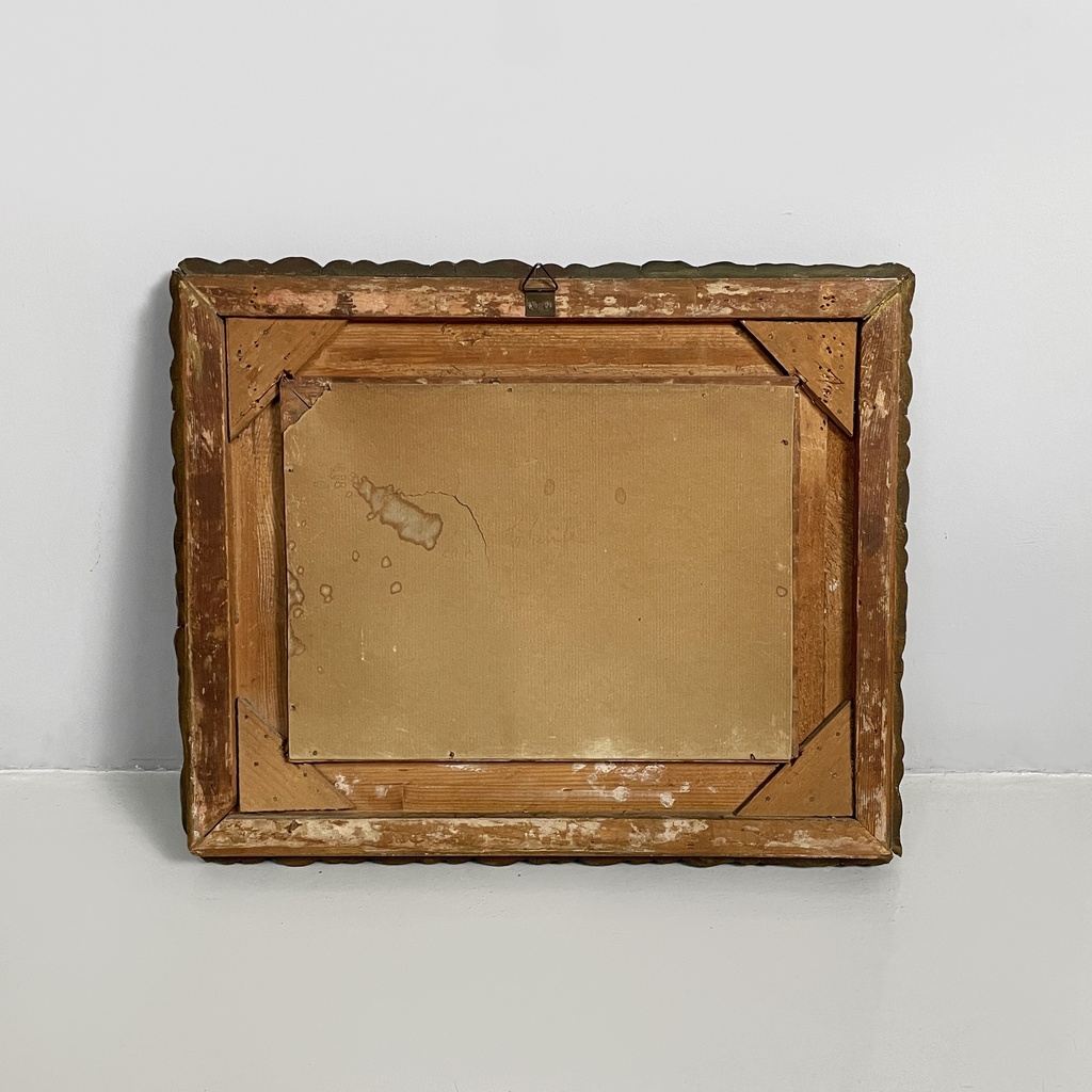 Quadro ad olio con cornice in pastiglia dorata, 1950 ca.