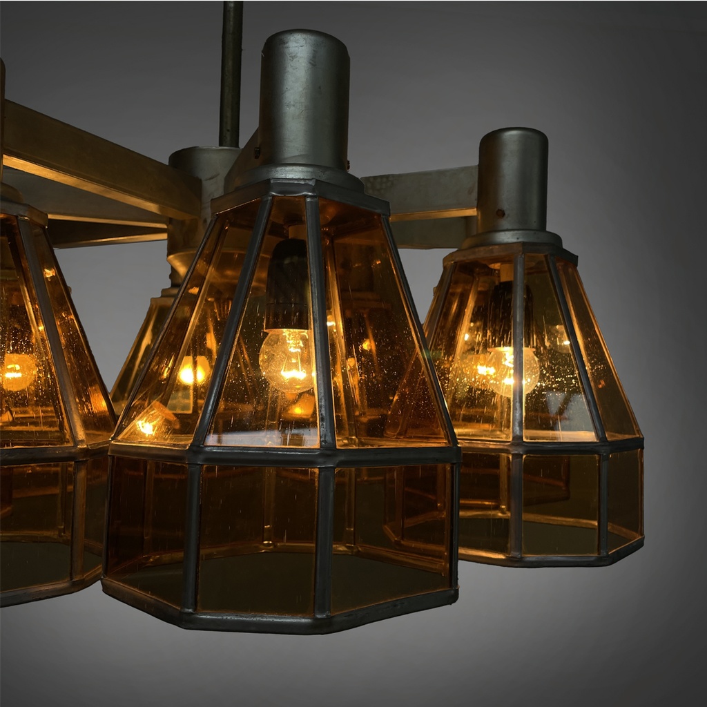 Lampadario in vetro giallo e metallo, 1930 ca.