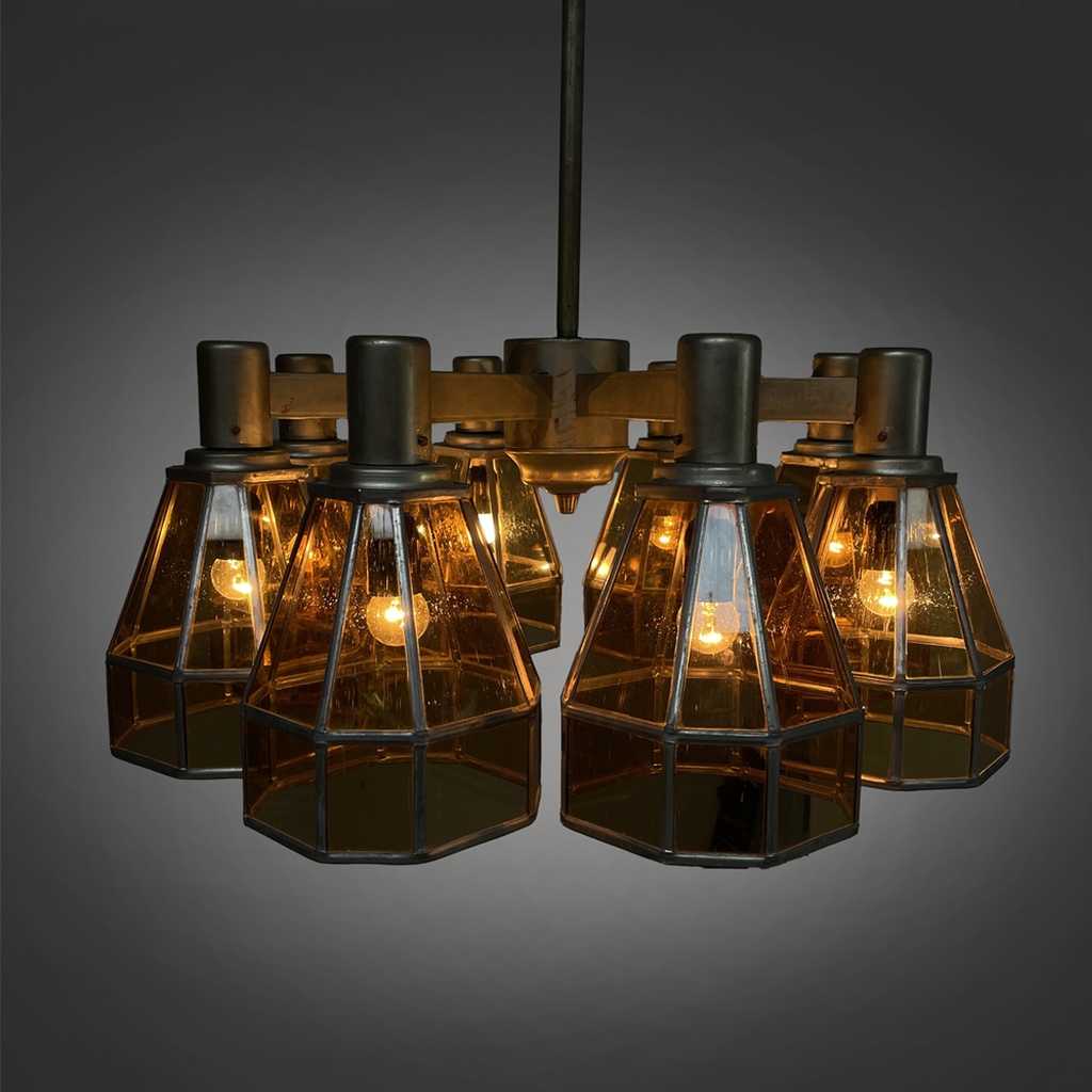 Lampadario in vetro giallo e metallo, 1930 ca.