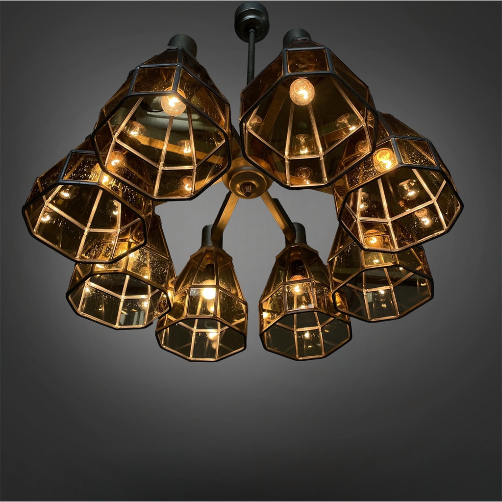 Lampadario in vetro giallo e metallo, 1930 ca.