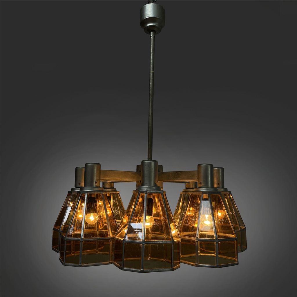 Lampadario in vetro giallo e metallo, 1930 ca.