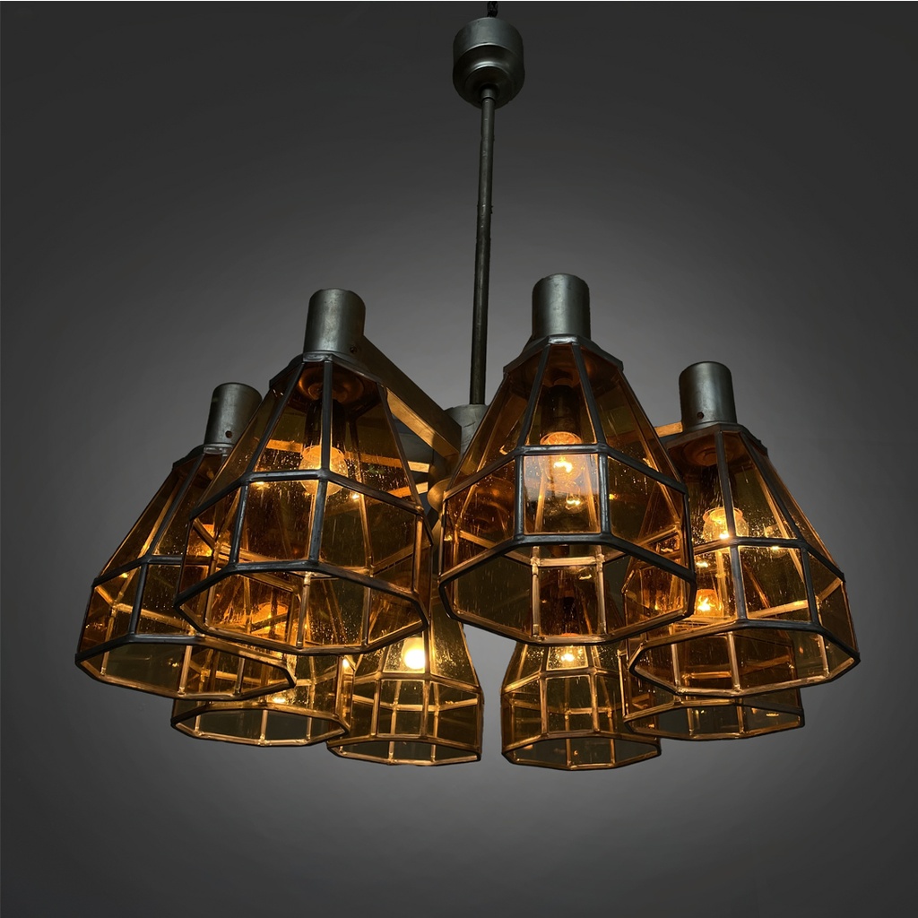 Lampadario in vetro giallo e metallo, 1930 ca.