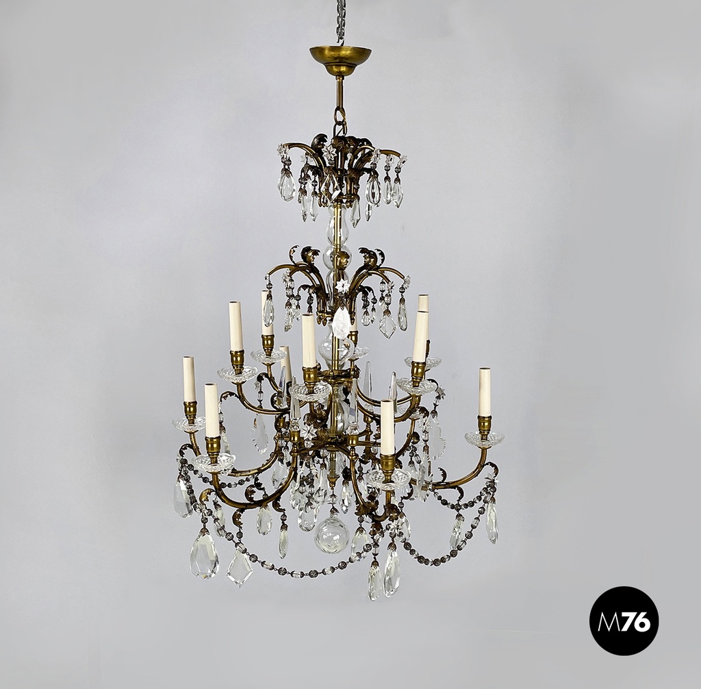 Lampadario a gocce in vetro e ottone, 1900-1950 ca.