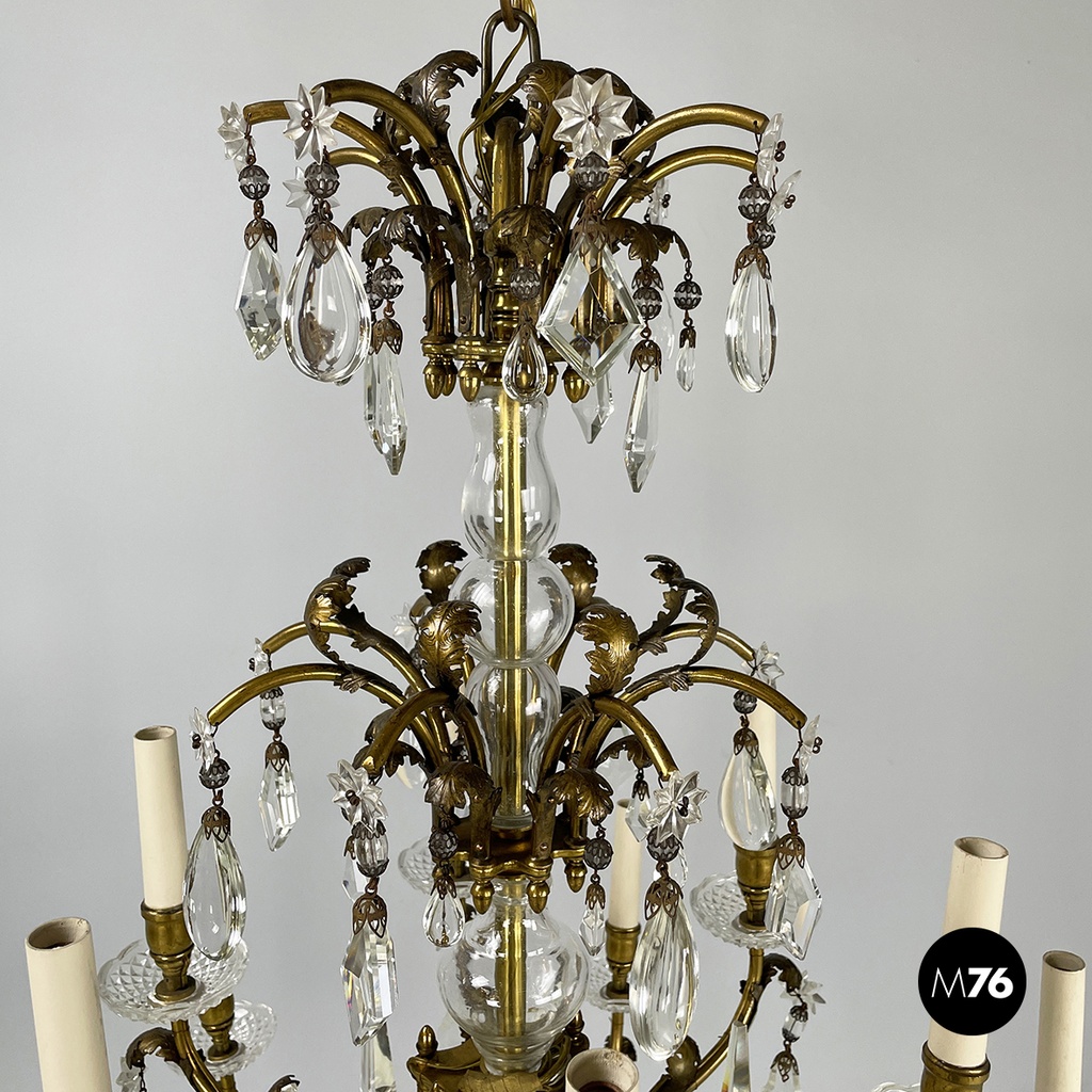 Lampadario a gocce in vetro e ottone, 1900-1950 ca.