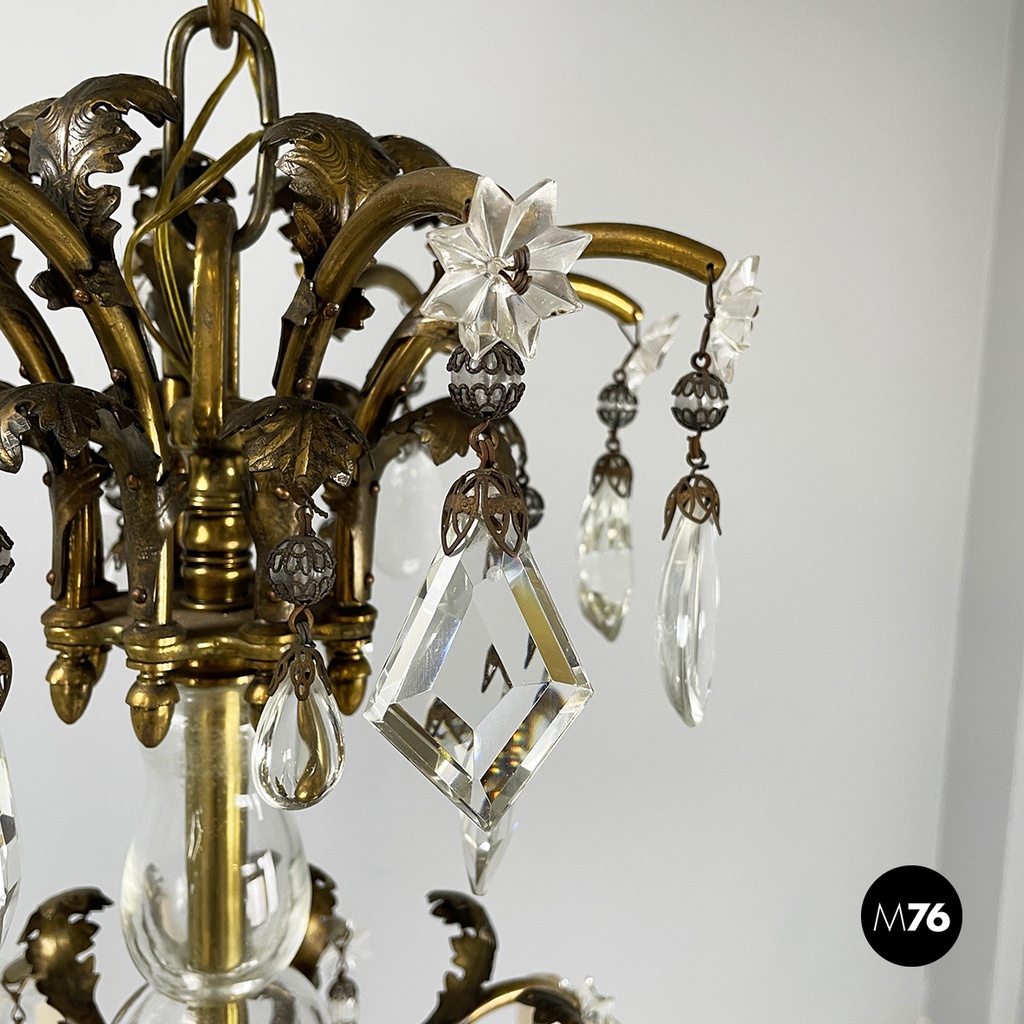 Lampadario a gocce in vetro e ottone, 1900-1950 ca.