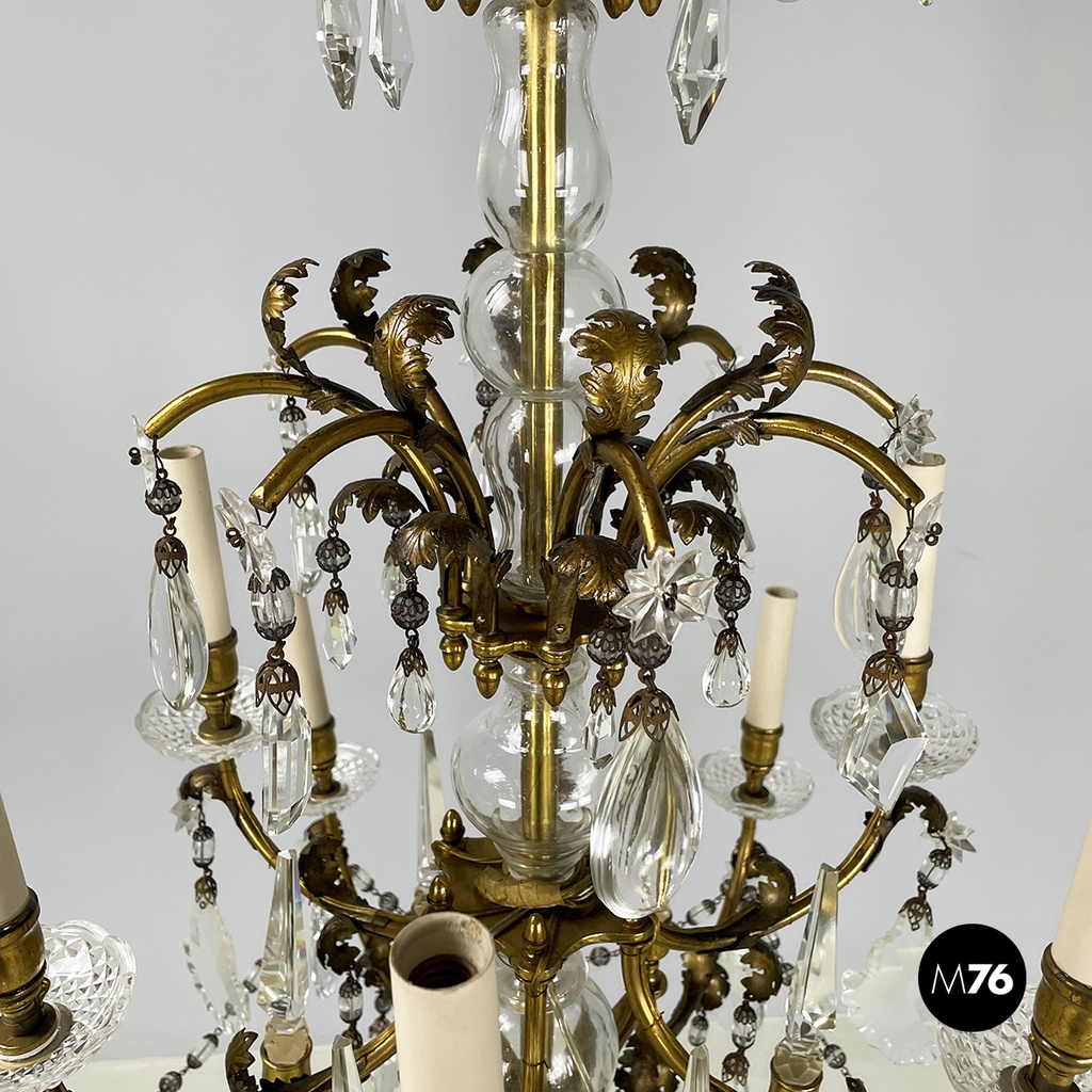 Lampadario a gocce in vetro e ottone, 1900-1950 ca.