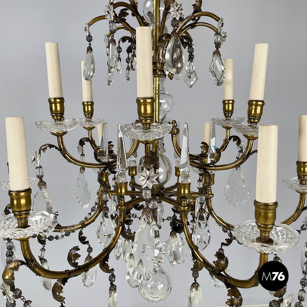 Lampadario a gocce in vetro e ottone, 1900-1950 ca.