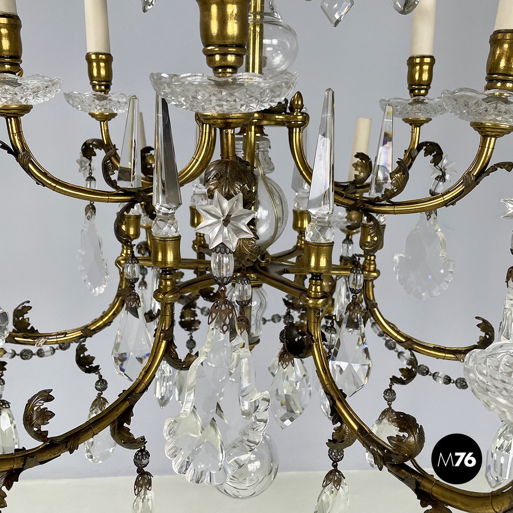 Lampadario a gocce in vetro e ottone, 1900-1950 ca.