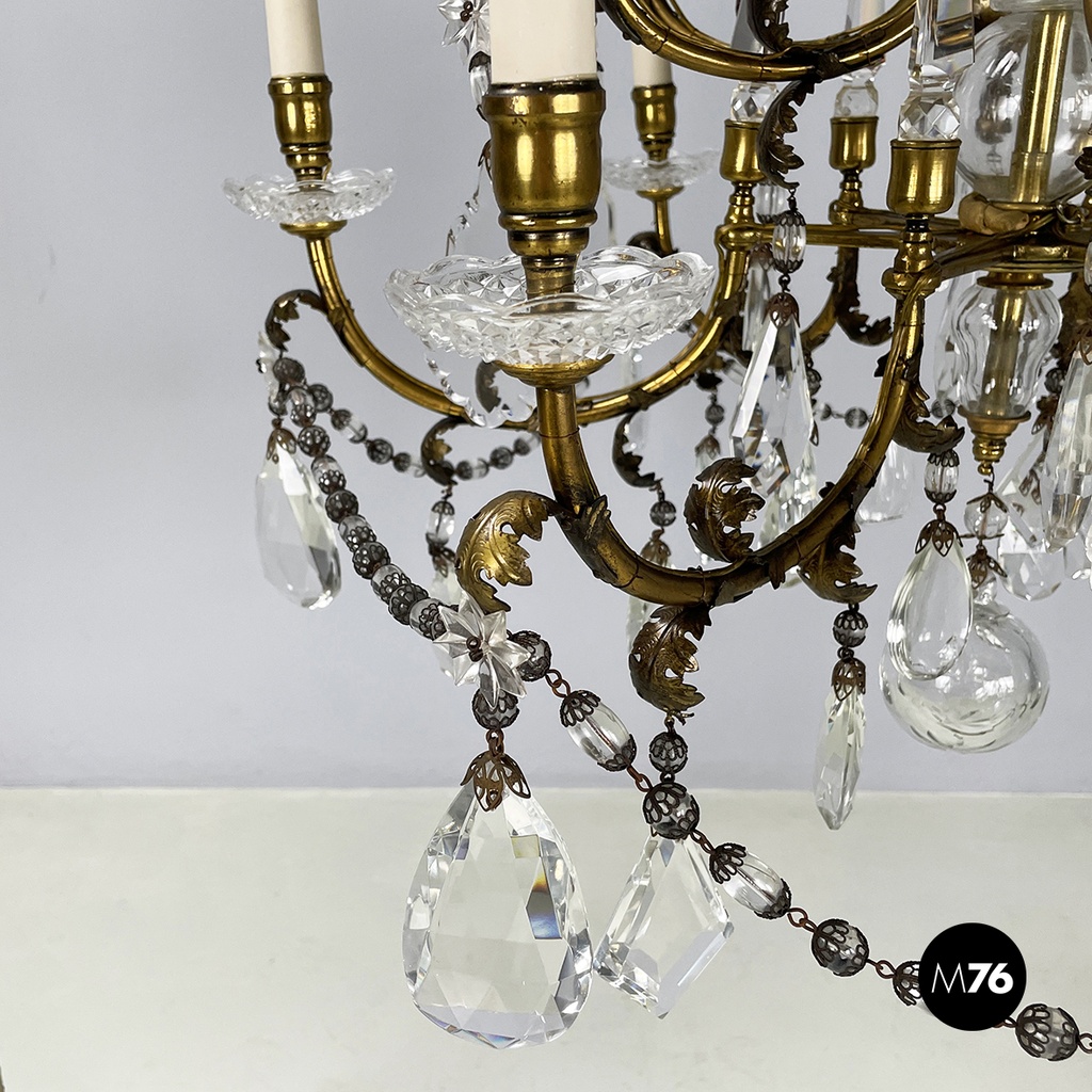 Lampadario a gocce in vetro e ottone, 1900-1950 ca.
