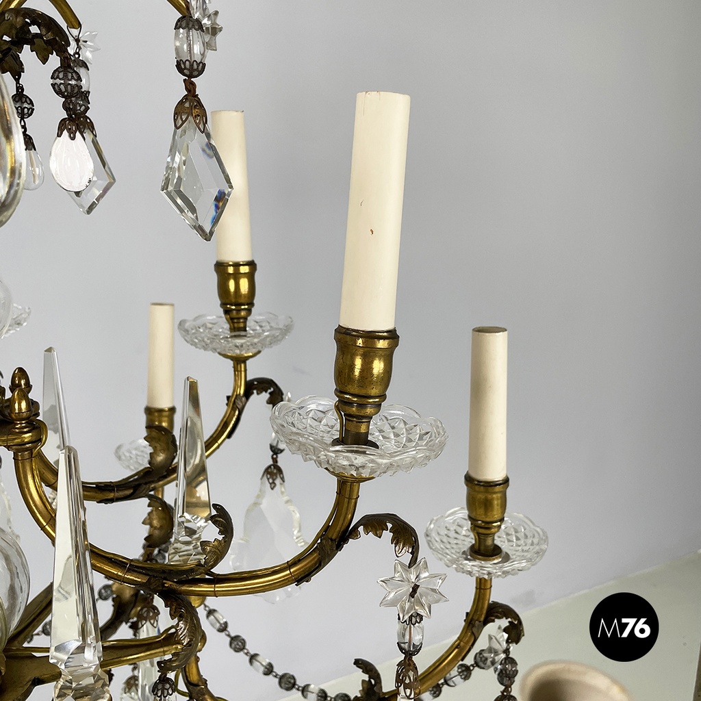 Lampadario a gocce in vetro e ottone, 1900-1950 ca.