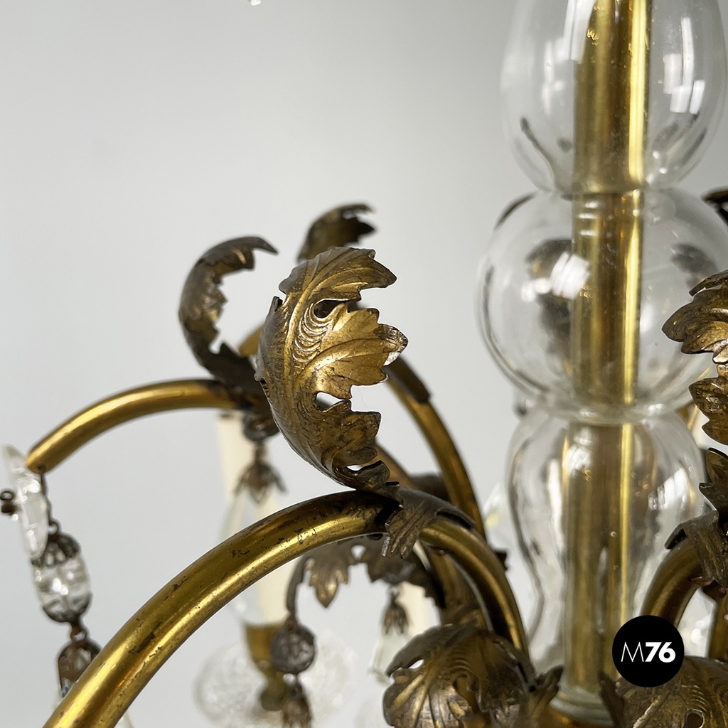 Lampadario a gocce in vetro e ottone, 1900-1950 ca.