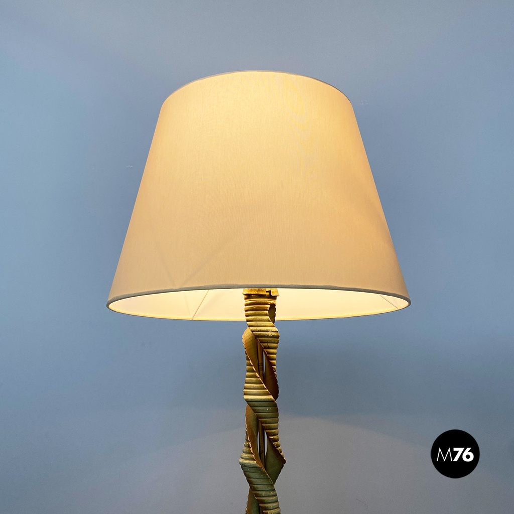 Lampada da terra in legno verde, ottone e tessuto, 1950 ca.