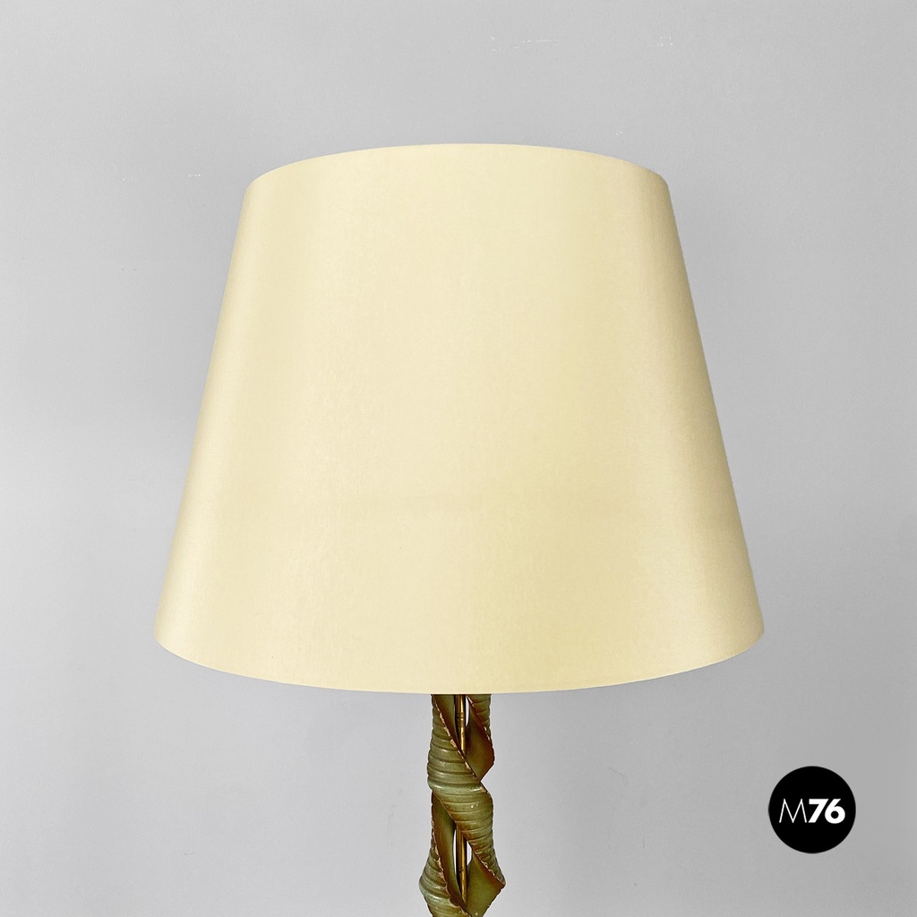 Lampada da terra in legno verde, ottone e tessuto, 1950 ca.