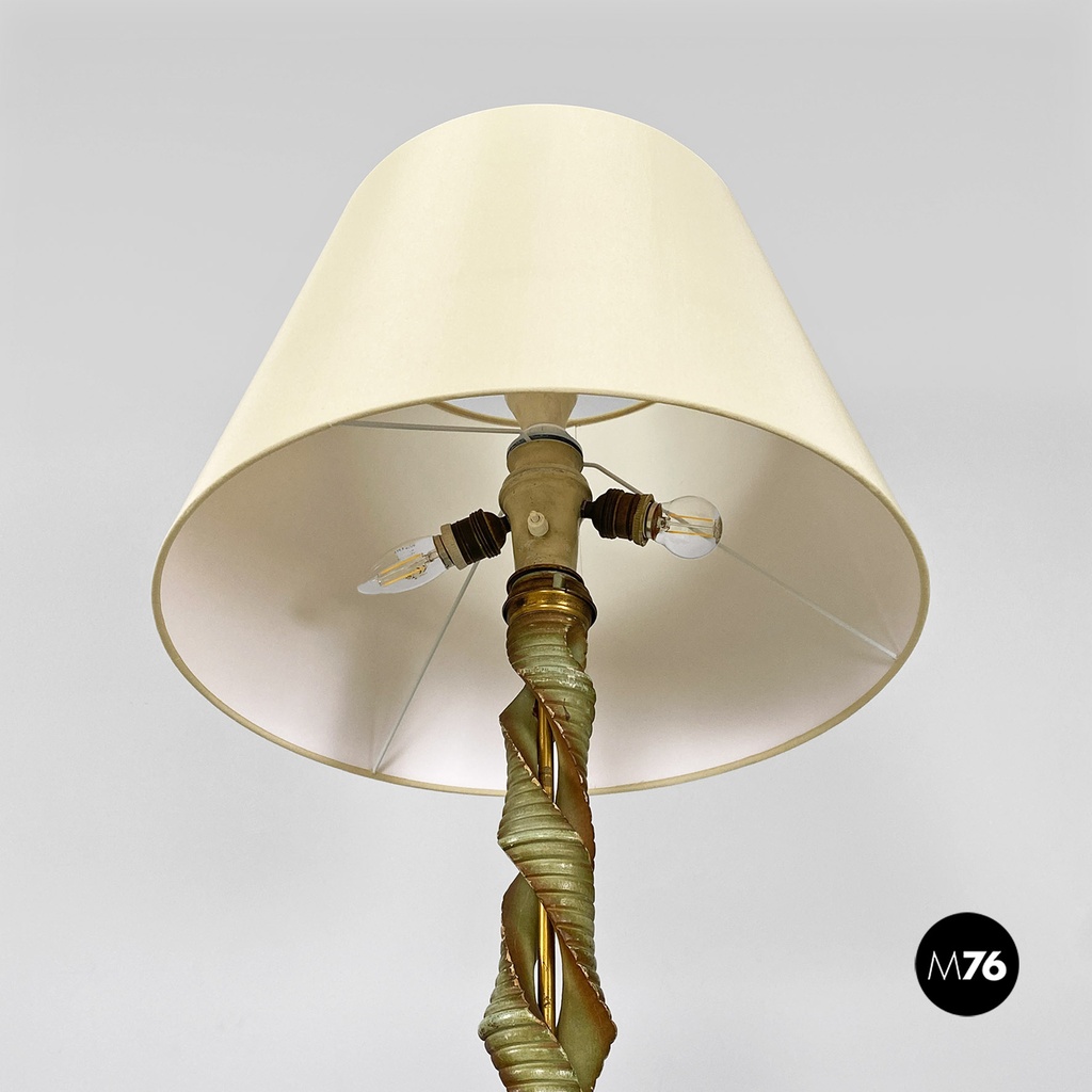 Lampada da terra in legno verde, ottone e tessuto, 1950 ca.
