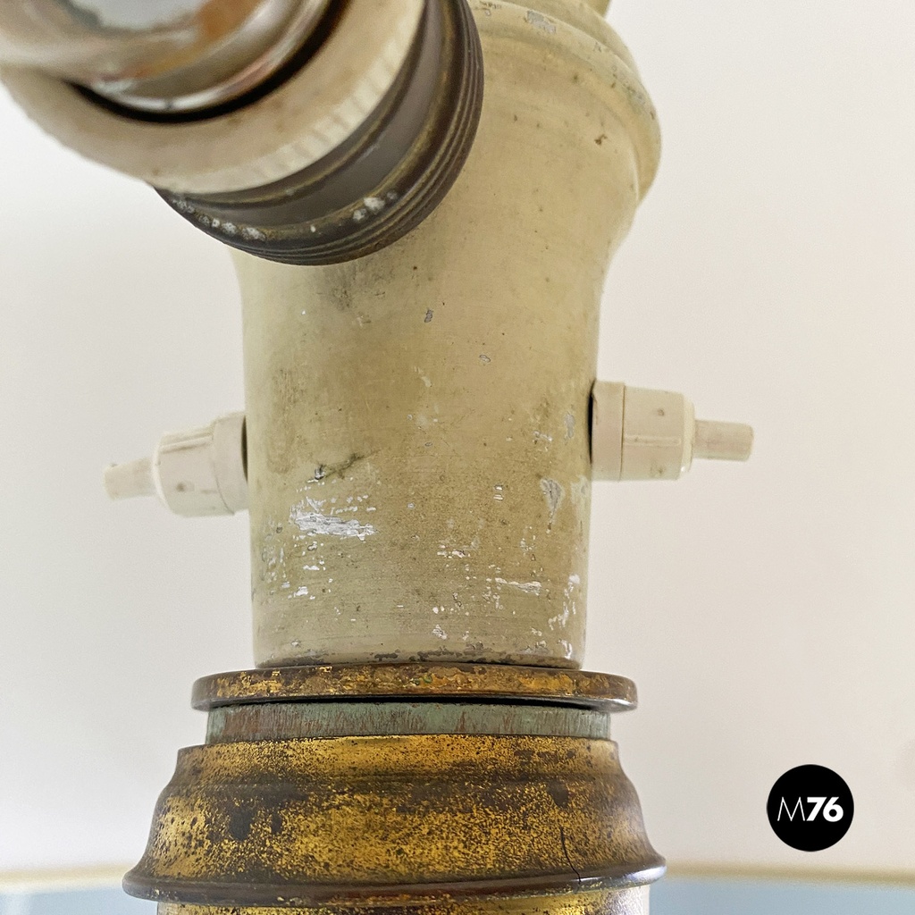 Lampada da terra in legno verde, ottone e tessuto, 1950 ca.