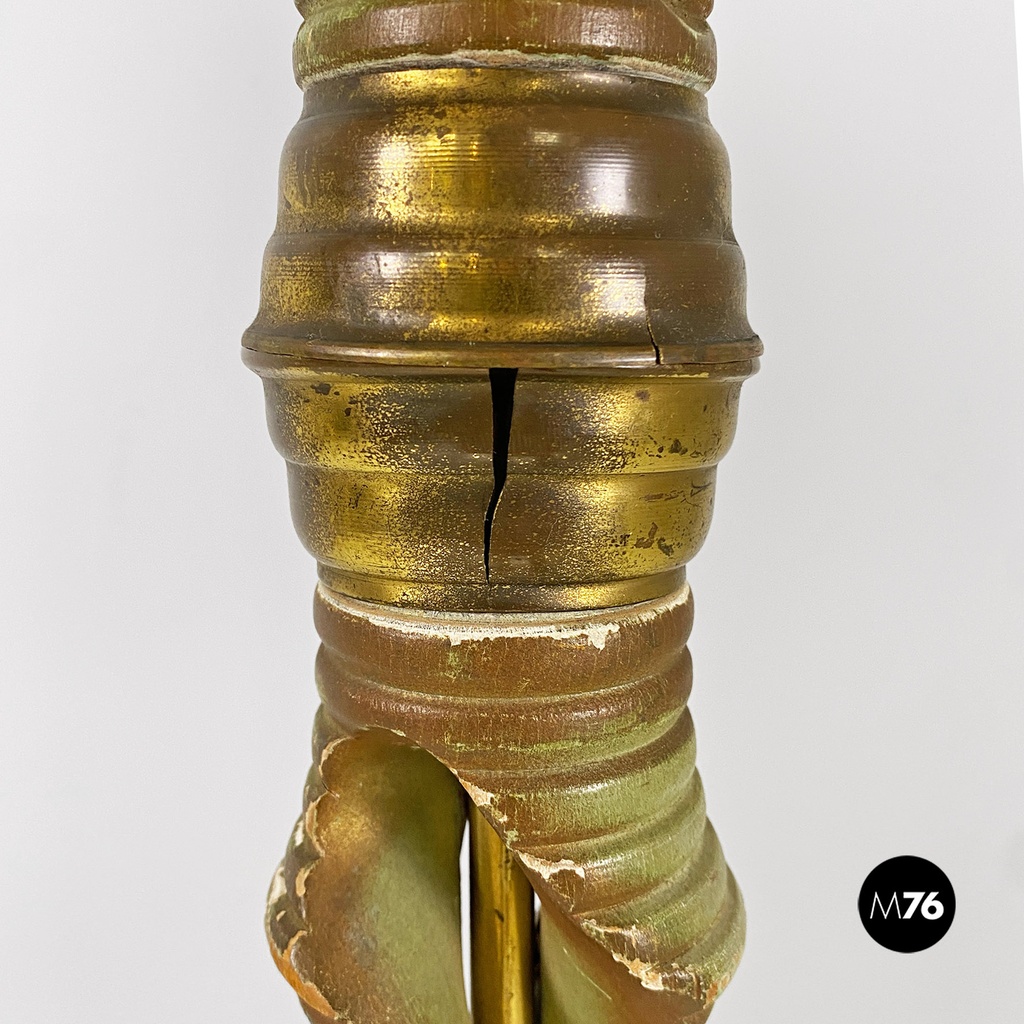 Lampada da terra in legno verde, ottone e tessuto, 1950 ca.