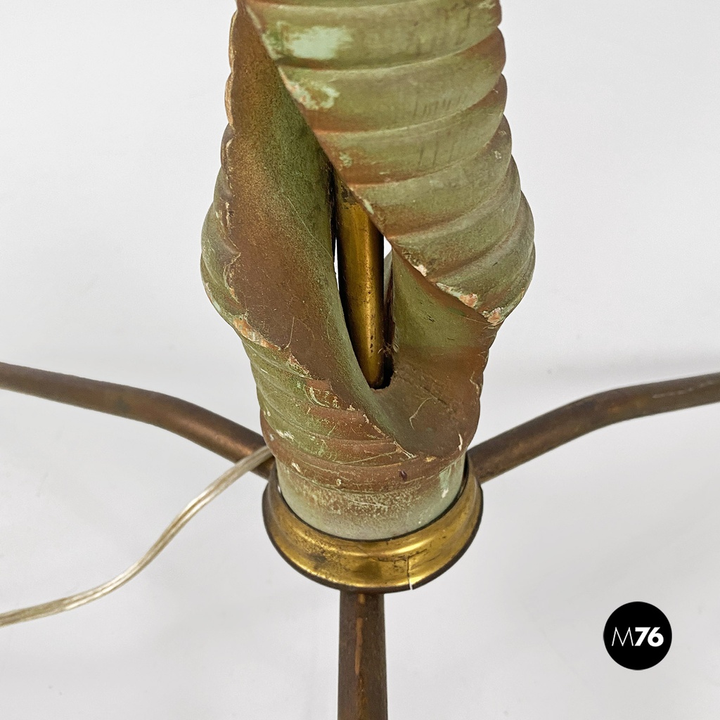 Lampada da terra in legno verde, ottone e tessuto, 1950 ca.