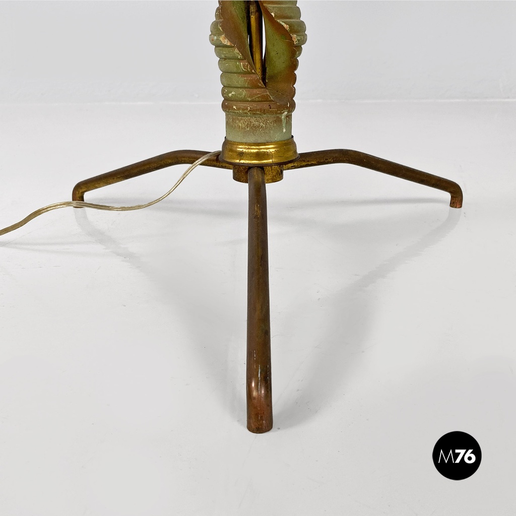Lampada da terra in legno verde, ottone e tessuto, 1950 ca.
