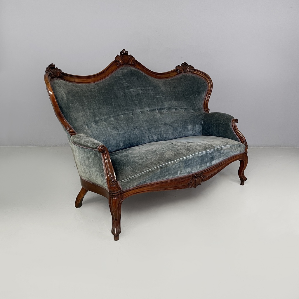 Divano in velluto azzurro e legno, 1930 ca.