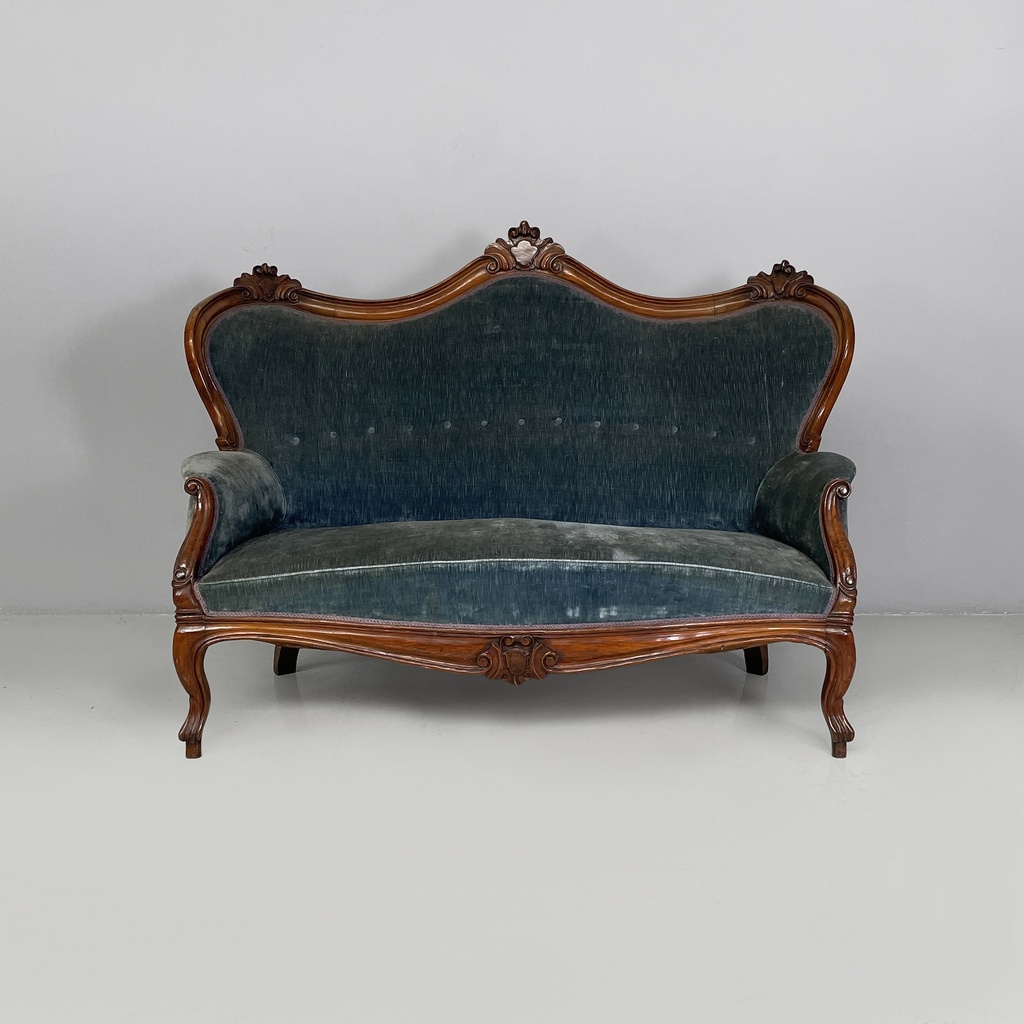 Divano in velluto azzurro e legno, 1930 ca.
