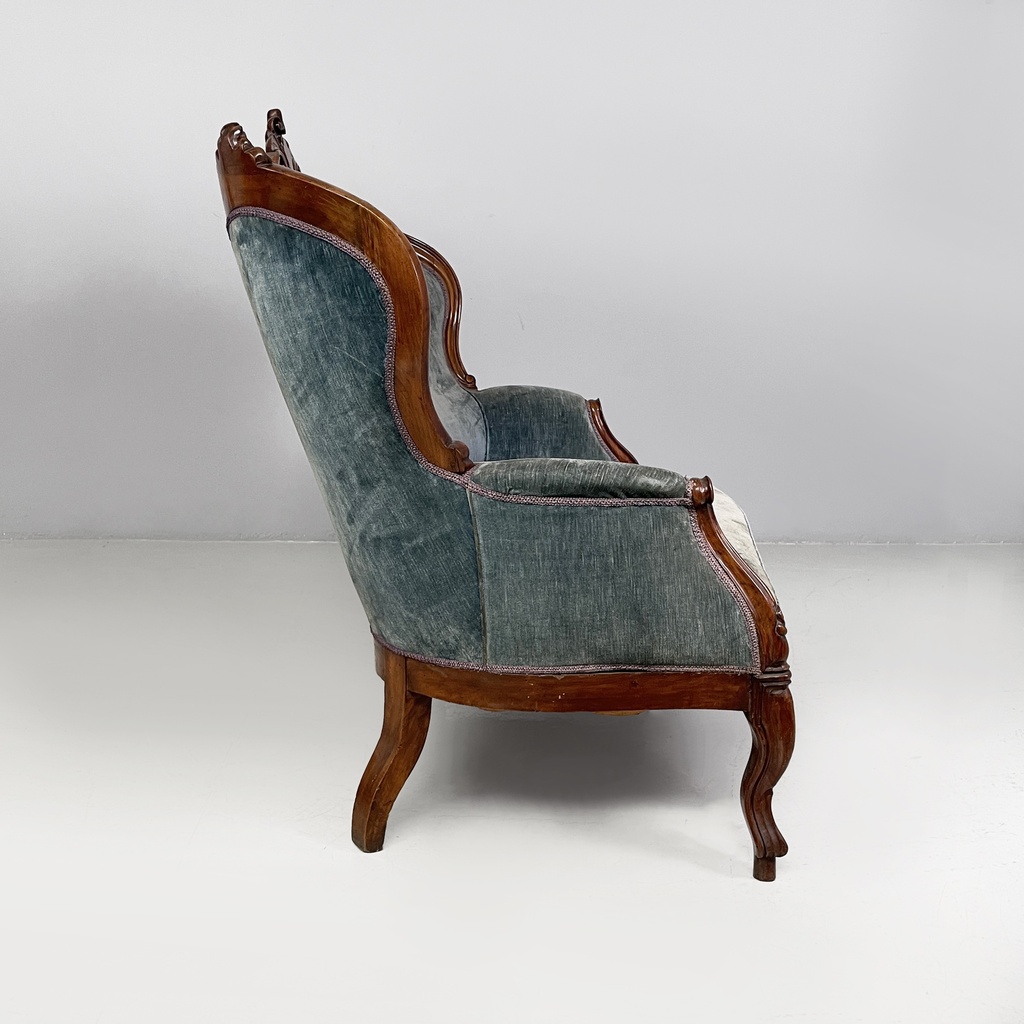 Divano in velluto azzurro e legno, 1930 ca.