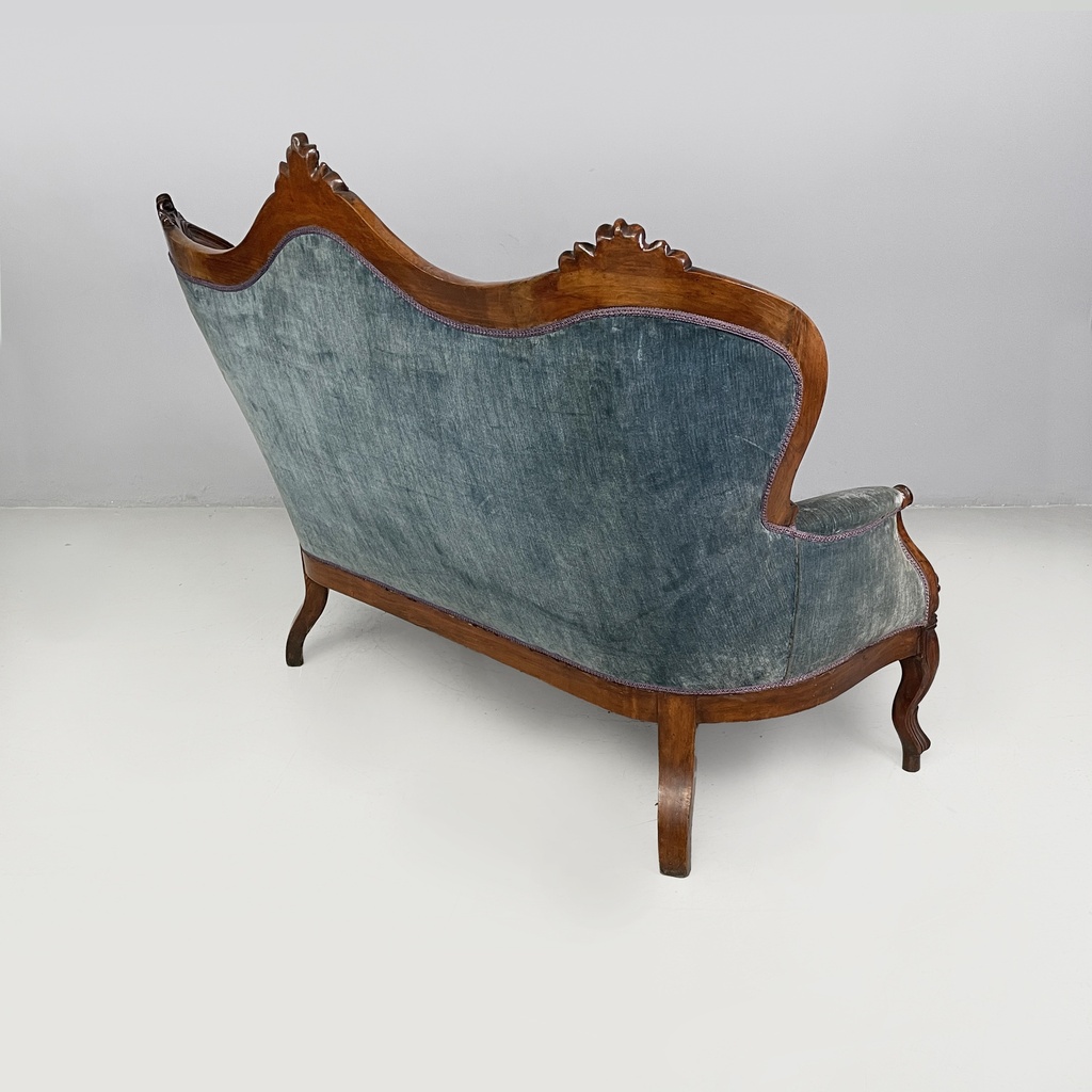 Divano in velluto azzurro e legno, 1930 ca.