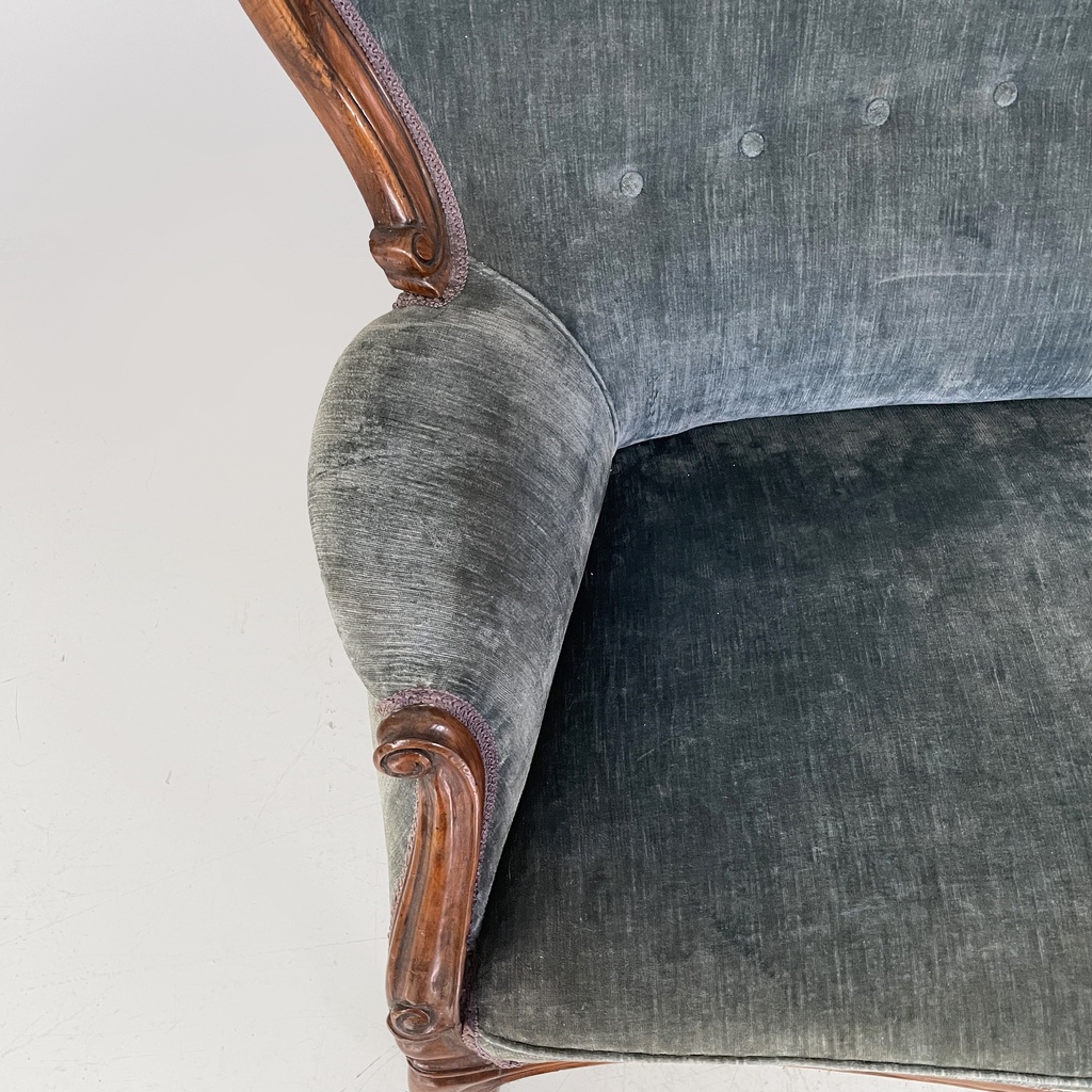 Divano in velluto azzurro e legno, 1930 ca.