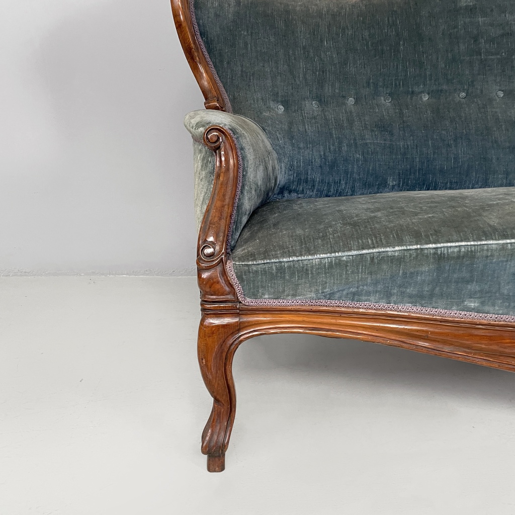 Divano in velluto azzurro e legno, 1930 ca.