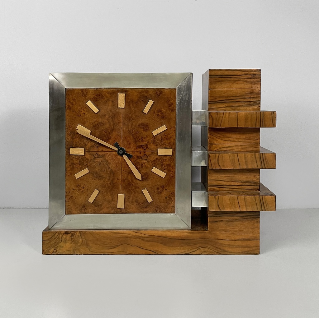Orologio da tavolo in legno e metallo, 1930 ca.