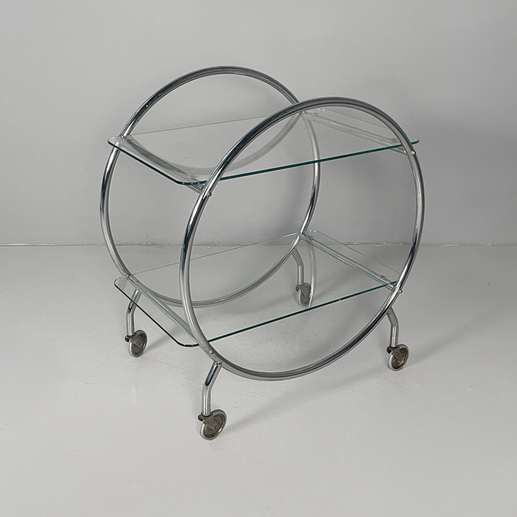 Carrello in vetro e acciaio, 1970 ca. 