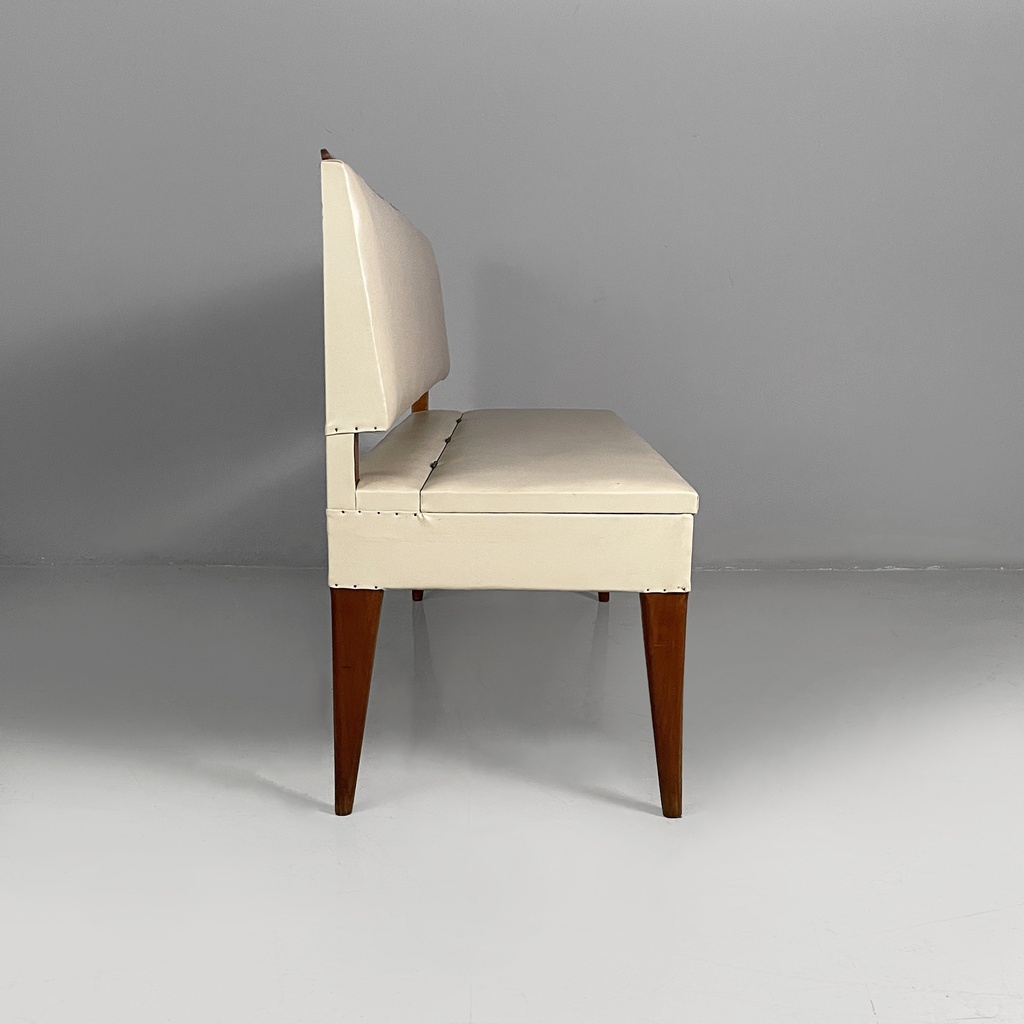 Panca in pelle bianca e legno, 1940 ca.