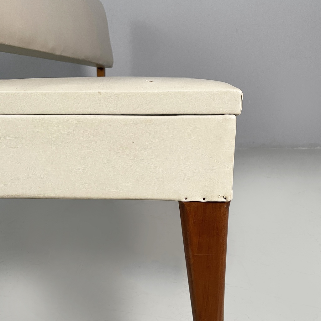 Panca in pelle bianca e legno, 1940 ca.