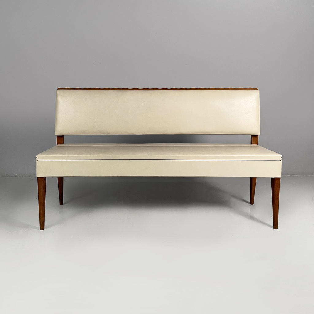 Panca in pelle bianca e legno, 1940 ca.