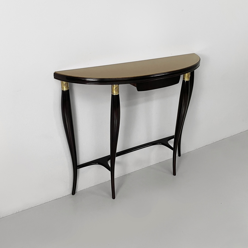 Consolle da parete in legno, ottone e vetro, 1940 ca.