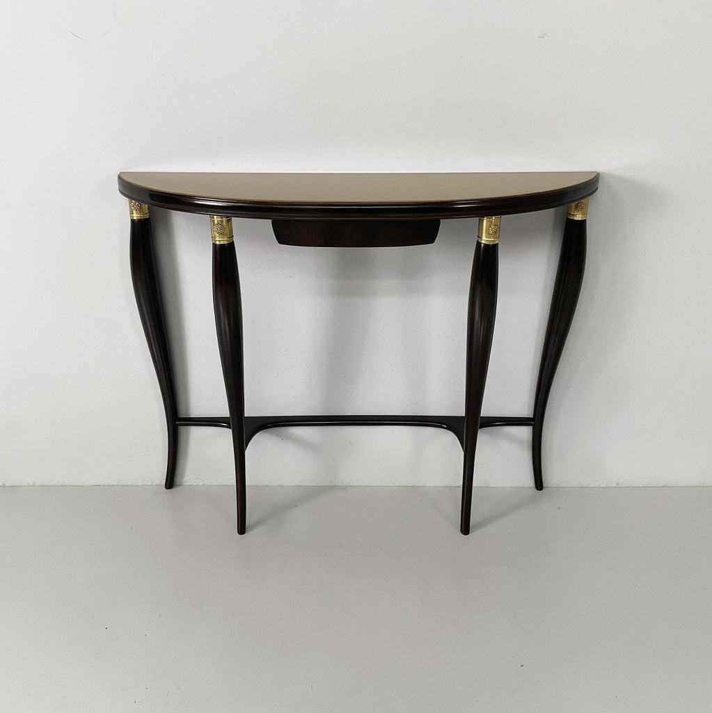 Consolle da parete in legno, ottone e vetro, 1940 ca.