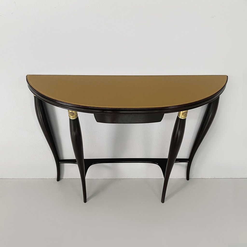 Consolle da parete in legno, ottone e vetro, 1940 ca.