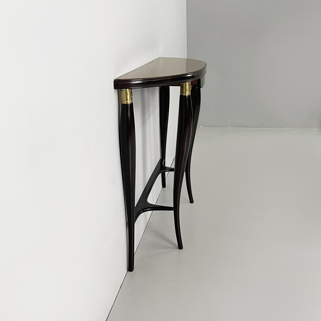 Consolle da parete in legno, ottone e vetro, 1940 ca.