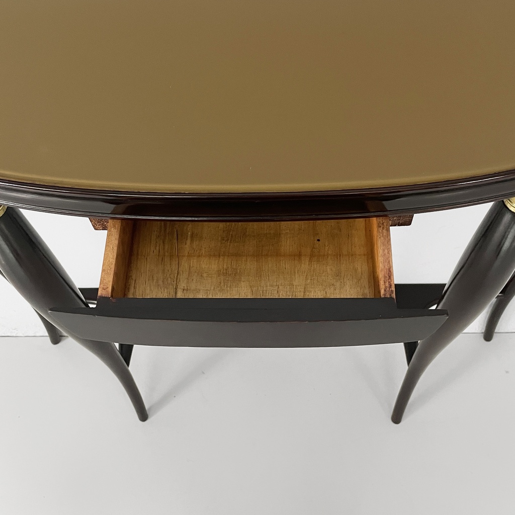 Consolle da parete in legno, ottone e vetro, 1940 ca.