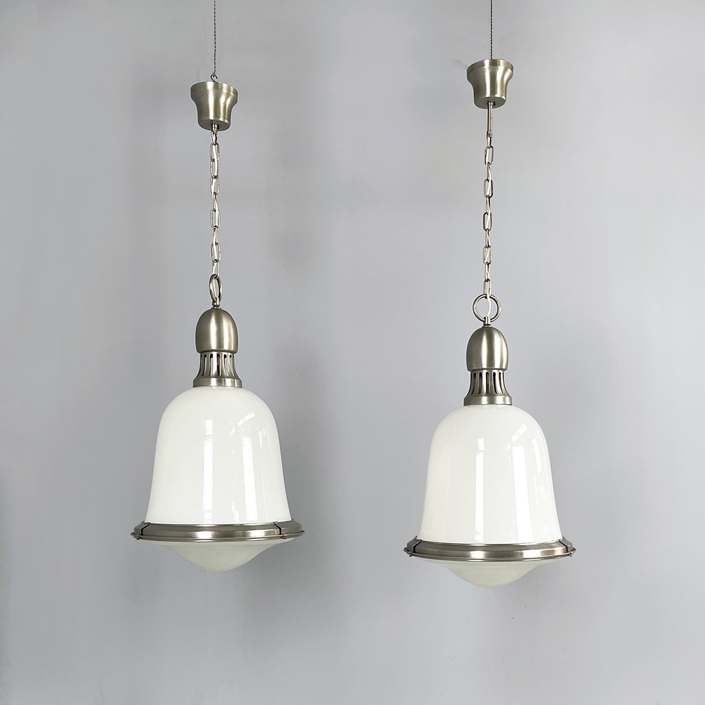 Lampadari in vetro opalino e metallo, 1960 ca.