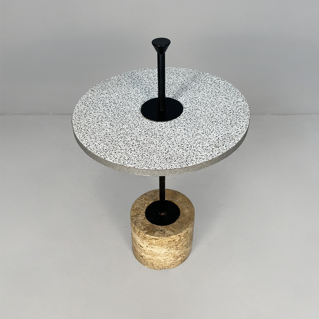 Tavolo da caffè in metallo, formica e travertino, 1980 ca. 