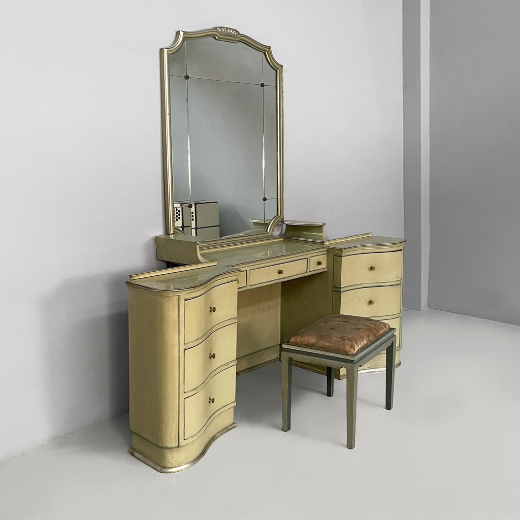 Consolle da trucco con specchio e sgabello in legno, 1930 ca.