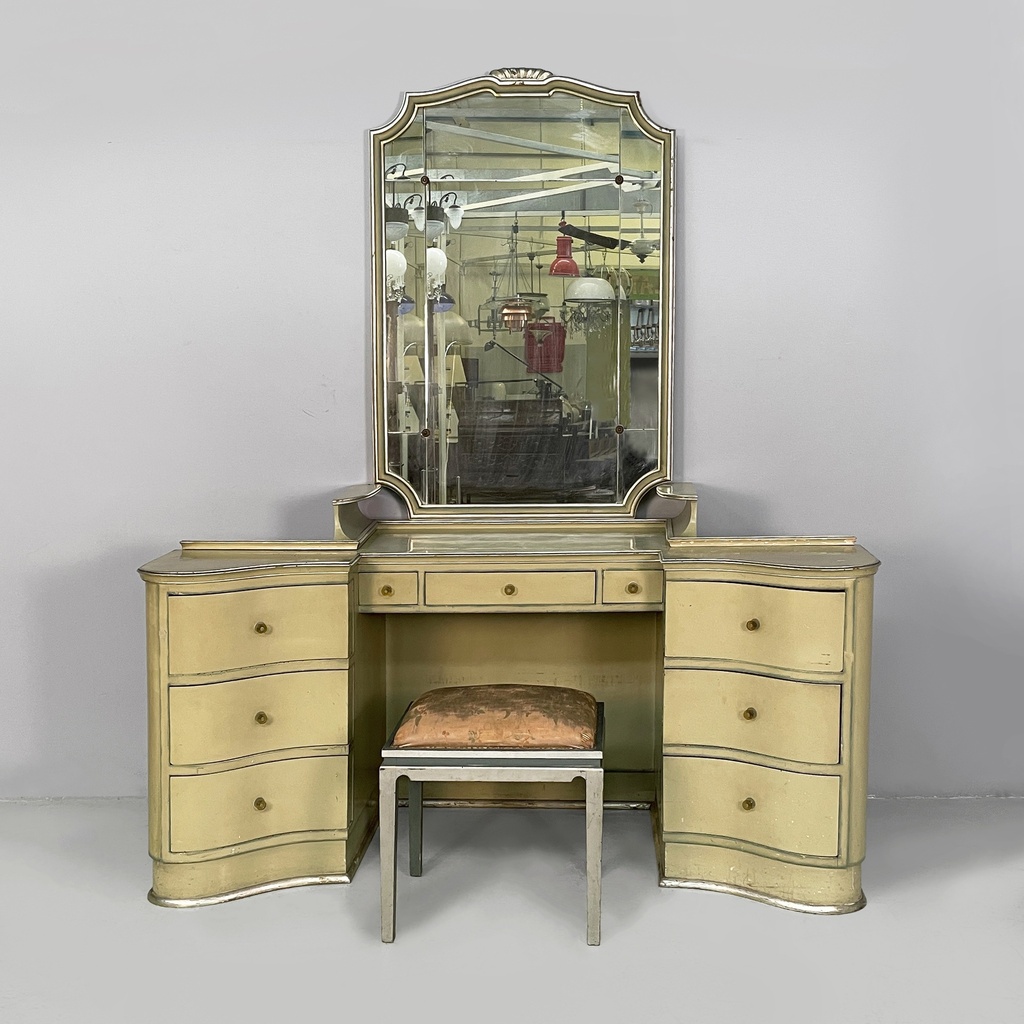 Consolle da trucco con specchio e sgabello in legno, 1930 ca.